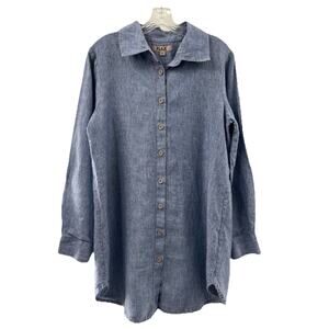 Flax Women’s Long Sleeve Linen Button Up Blouse Blue Chambray Lagenlook Small